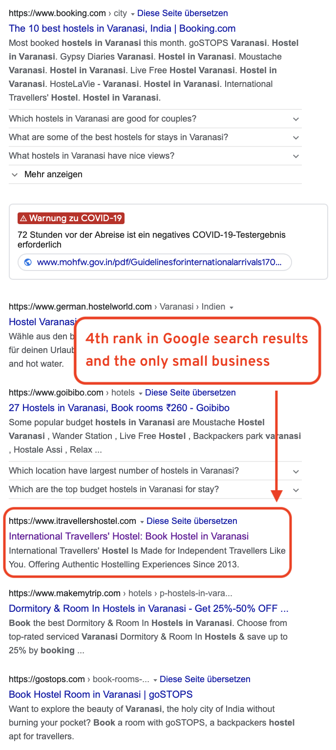 Varanasi Hostel SEO Google Search Results
