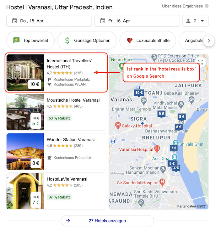 Varanasi Hostel SEO Google Hotel Results Box