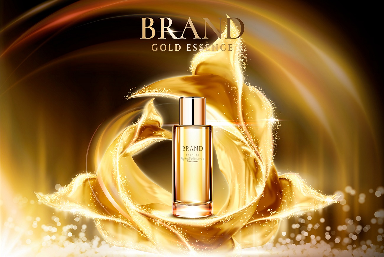 Goldene Essenz-Werbung, Glasflakon mit glänzendem Satin vor abstraktem Lichthintergrund, 3D-Illustration