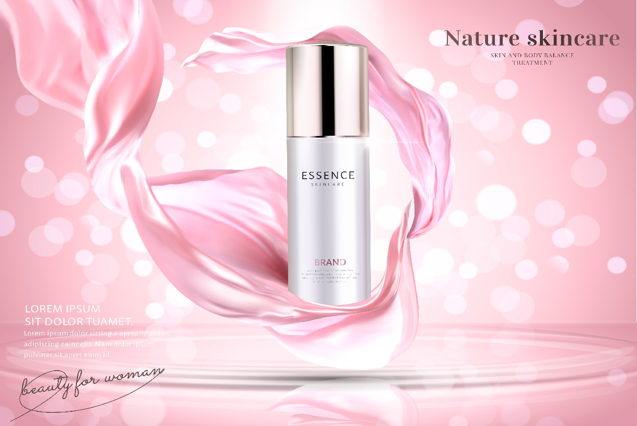 Kosmetikprodukt-Werbung, Essenz-Flakon mit fliegendem rosa Chiffon, 3D-Illustration, rosa glitzernder Bokeh-Hintergrund