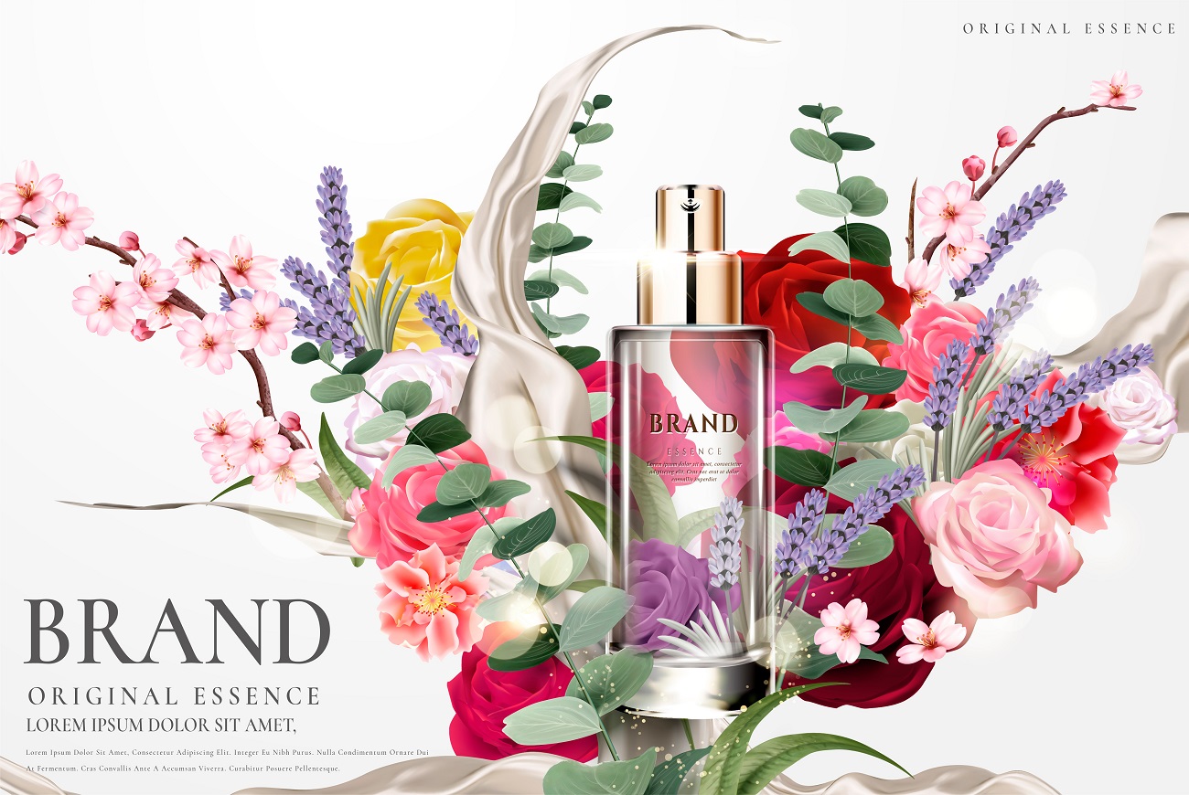 Romantische Essenz-Werbung, transparenter Glasflakon mit buntem Blumendekor, 3D-Illustration