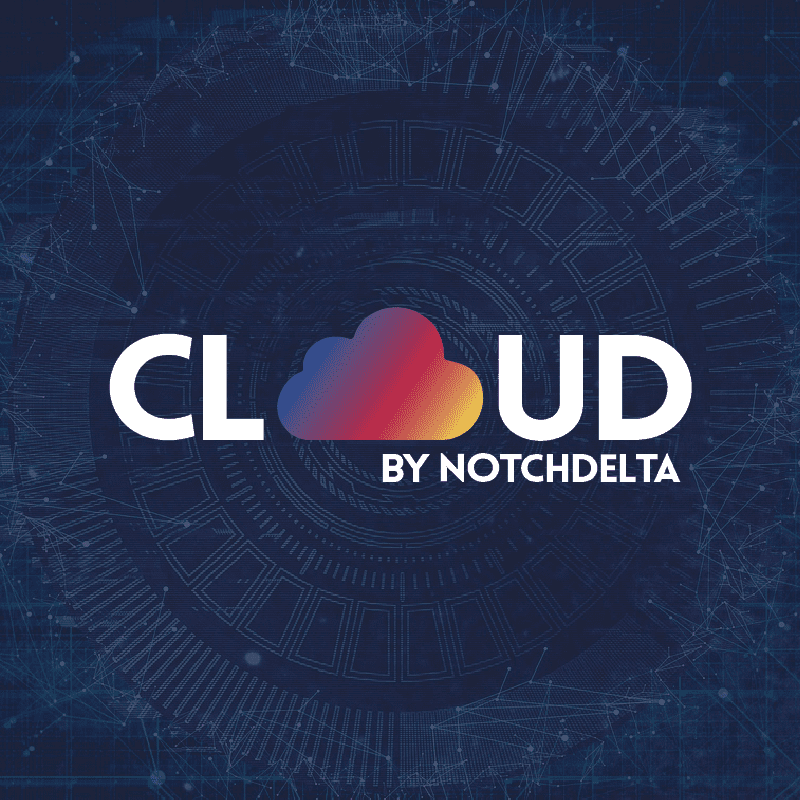 โลโก้ Cloud by Notchdelta โดดเด่นด้วยไอคอนรูปเมฆที่มีการไล่ระดับสีสันสดใสหลากหลายสี ซึ่งนำมาใช้แทนตัวอักษร 'O' ในคำว่า 'CLOUD' โดยจัดวางอยู่บนพื้นหลังสีน้ำเงินเข้มที่ตกแต่งด้วยลวดลายดิจิทัลและรูปทรงเรขาคณิต